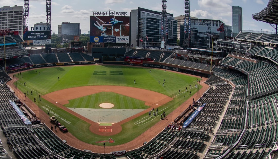 Truist Park is viewed before a baseball game between the Atlanta Braves and the Pittsburgh Pirates, Sunday, Sept. 10, 2023, in Atlanta. (AP Photo/Hakim Wright Sr.)