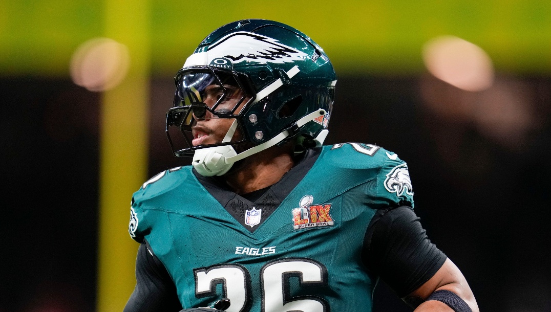 Philadelphia Eagles running back Saquon Barkley (26) warms up before the NFL Super Bowl 59 football game against the Kansas City Chiefs, Sunday, Feb. 9, 2025, in New Orleans. (AP Photo/Abbie Parr)