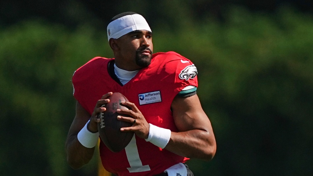 Philadelphia Eagles quarterback Jalen Hurts runs a drill during an NFL football training camp, Monday, July 28, 2025, in Philadelphia.