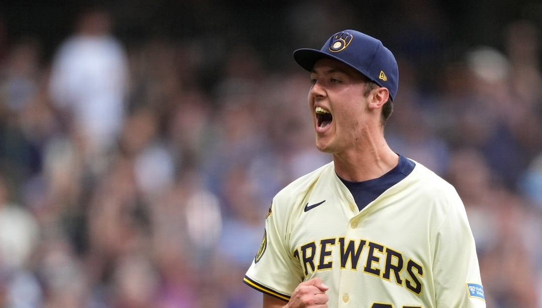 Milwaukee Brewers' Jacob Misiorowski reacts after striking out Los Angeles Dodgers' Freddie Freeman during the third inning of a baseball game Tuesday, July 8, 2025, in Milwaukee. (AP Photo/Aaron Gash)