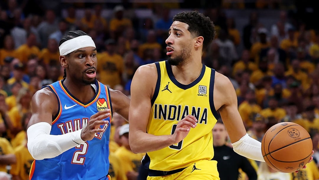 INDIANAPOLIS, INDIANA - JUNE 19: Tyrese Haliburton #0 of the Indiana Pacers drives to the basket against Shai Gilgeous-Alexander #2 of the Oklahoma City Thunder during the second quarter in Game Six of the 2025 NBA Finals at Gainbridge Fieldhouse on June 19, 2025 in Indianapolis, Indiana. NOTE TO USER: User expressly acknowledges and agrees that, by downloading and or using this photograph, User is consenting to the terms and conditions of the Getty Images License Agreement. (Photo by Maddie Meyer/Getty Images)