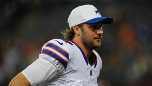 Buffalo Bills quarterback Josh Allen (17) leaves an NFL football game against the Chicago Bears, Tuesday, Aug. 19, 2025, in Chicago. (AP Photo/Erin Hooley)