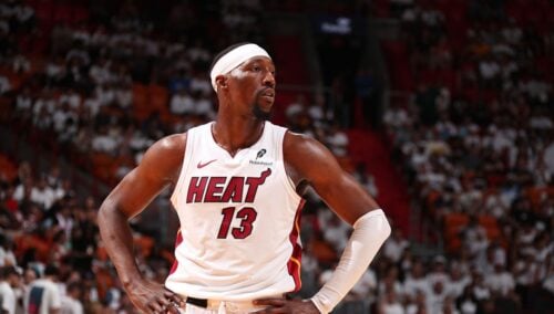 MIAMI, FL - APRIL 26: Bam Adebayo #13 of the Miami Heat looks on during the game against the Cleveland Cavaliers during Round 1 Game 3 of the 2025 NBA Playoffs on April 26, 2025 at Kaseya Center in Miami, Florida. NOTE TO USER: User expressly acknowledges and agrees that, by downloading and or using this Photograph, user is consenting to the terms and conditions of the Getty Images License Agreement. Mandatory Copyright Notice: Copyright 2025 NBAE