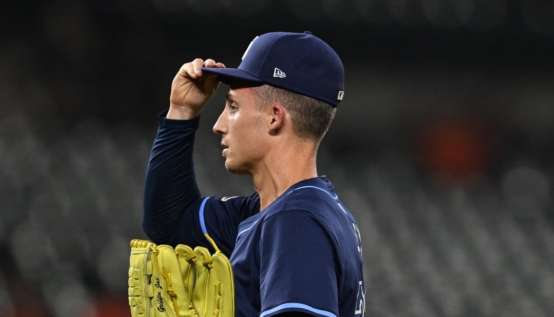 Tampa Bay Rays pitcher Griffin Jax pauses before pitching against the Baltimore Orioles in the seventh inning of a baseball game, Wednesday, Sept. 24, 2025, in Baltimore. (AP Photo/Gail Burton)