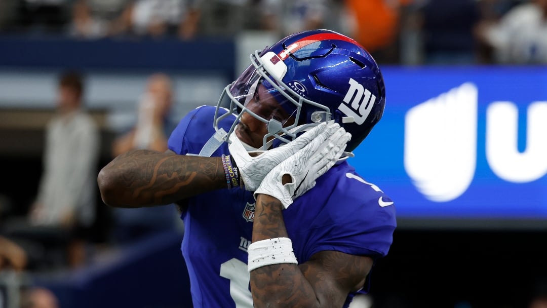 New York Giants wide receiver Malik Nabers (1) celebrates after a touchdown during a NFL football game against the Dallas Cowboys on Sunday, Sept. 14, 2025, in Arlington, Texas. (AP Photo/Matt Patterson)