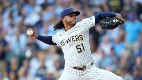 Milwaukee Brewers' Freddy Peralta pitches during the first inning of a baseball game against the San Francisco Giants, Saturday, Aug. 23, 2025, in Milwaukee. (AP Photo/Aaron Gash)