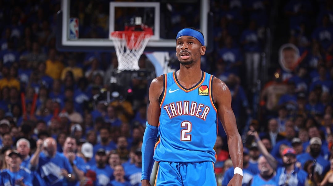 OKLAHOMA CITY, OK - JUNE 22: Shai Gilgeous-Alexander #2 of the Oklahoma City Thunder looks on during the game against the Indiana Pacers during Game Seven of the 2025 NBA Finals on June 22, 2025 at Paycom Center in Oklahoma City, Oklahoma. NOTE TO USER: User expressly acknowledges and agrees that, by downloading and or using this photograph, User is consenting to the terms and conditions of the Getty Images License Agreement. Mandatory Copyright Notice: Copyright 2025 NBAE