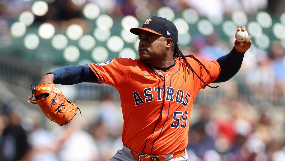 Houston Astros pitcher Framber Valdez (59) delivers in the first inning of a baseball game against the Atlanta Braves, Sunday, Sept. 14, 2025, in Atlanta. (AP Photo/Colin Hubbard)