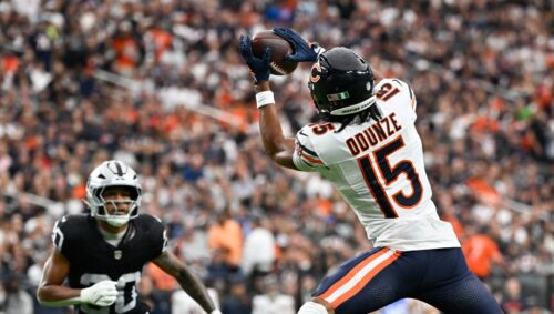 Chicago Bears wide receiver Rome Odunze (15) makes a catch to score a touchdown during the second half of an NFL football game against the Las Vegas Raiders Sunday, Sept. 28, 2025, in Las Vegas. (AP Photo/David Becker)