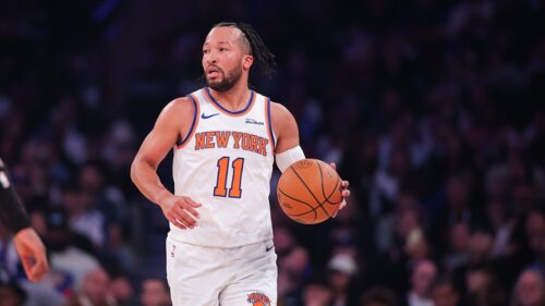 NEW YORK, NEW YORK - NOVEMBER 09: Jalen Brunson #11 of the New York Knicks brings the ball up the court during the first quarter of the game against the Brooklyn Nets at Madison Square Garden on November 09, 2025 in New York City. NOTE TO USER: User expressly acknowledges and agrees that, by downloading and or using this photograph, User is consenting to the terms and conditions of the Getty Images License Agreement.