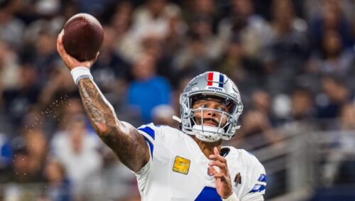 Dallas Cowboys quarterback Dak Prescott throws a pass during an NFL football game against the Arizona Cardinals, Monday, Nov. 3, 2025, Arlington, Texas. (AP Photo/Jessica Tobias)