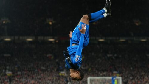 Bournemouth's Eli Junior Kroupicelebrates after scoring during a Premier League soccer match between Manchester United and Bournemouth in Manchester, England, Monday, Dec. 15, 2025. (AP Photo/Jon Super)