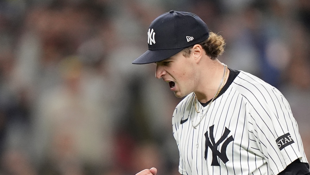 New York Yankees pitcher Cam Schlittler reacts as he walks off the field at the end of the top of the eighth inning of Game 3 of an American League wild-card baseball playoff series against the Boston Red Sox, Thursday, Oct. 2, 2025, in New York.