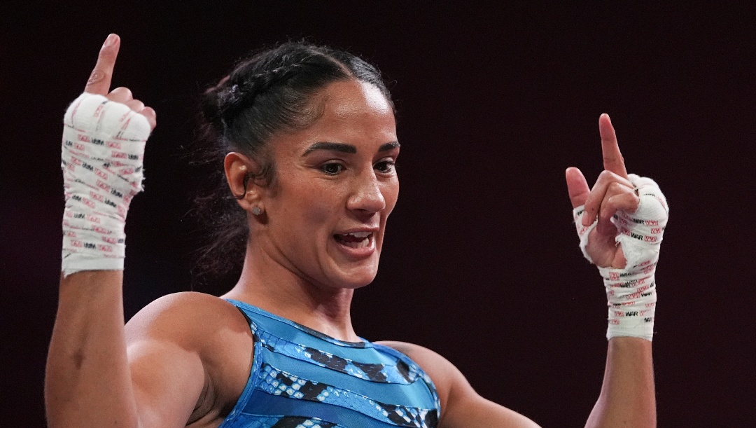 Amanda Serrano reacts while working out ahead of her Undisputed super lightweight world title bout against Katie Taylor during the Mike Tyson vs. Jake Paul undercard, Tuesday, Nov. 12, 2024, in Irving, Texas. (AP Photo/Julio Cortez)