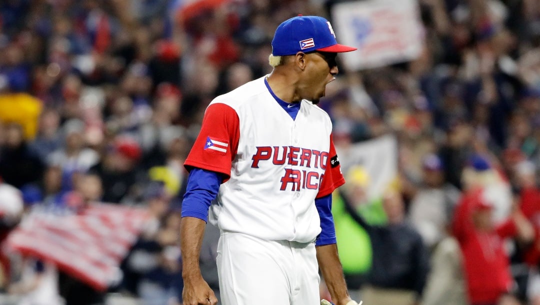 Puerto Rico pitcher Edwin Diaz reacts after getting the last against the United States during the ninth inning of a second-round World Baseball Classic baseball game Friday, March 17, 2017, in San Diego. Puerto Rico won, 6-5. (AP Photo/Gregory Bull)