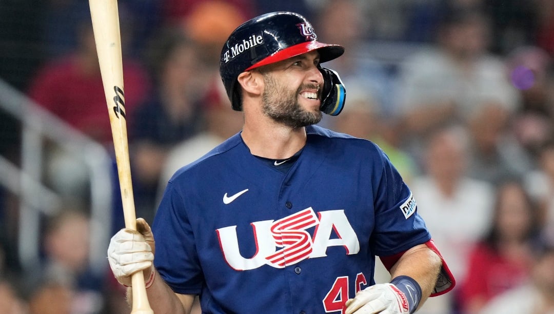 United States' Paul Goldschmidt (46) smiles as he prepares to bat during first inning of a World Baseball Classic championship game against Japan, Tuesday, March 21, 2023, in Miami. (AP Photo/Wilfredo Lee)