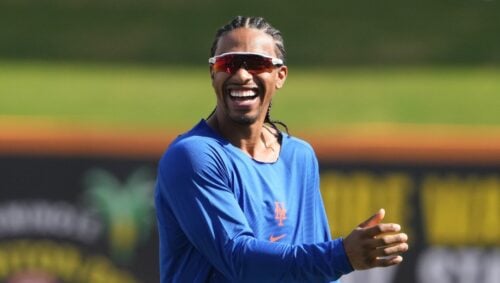 New York Mets infielder Francisco Lindor laughs during a spring training baseball workout Monday, Feb. 16, 2026, in Port St. Lucie, Fla. (AP Photo/Jeff Roberson)