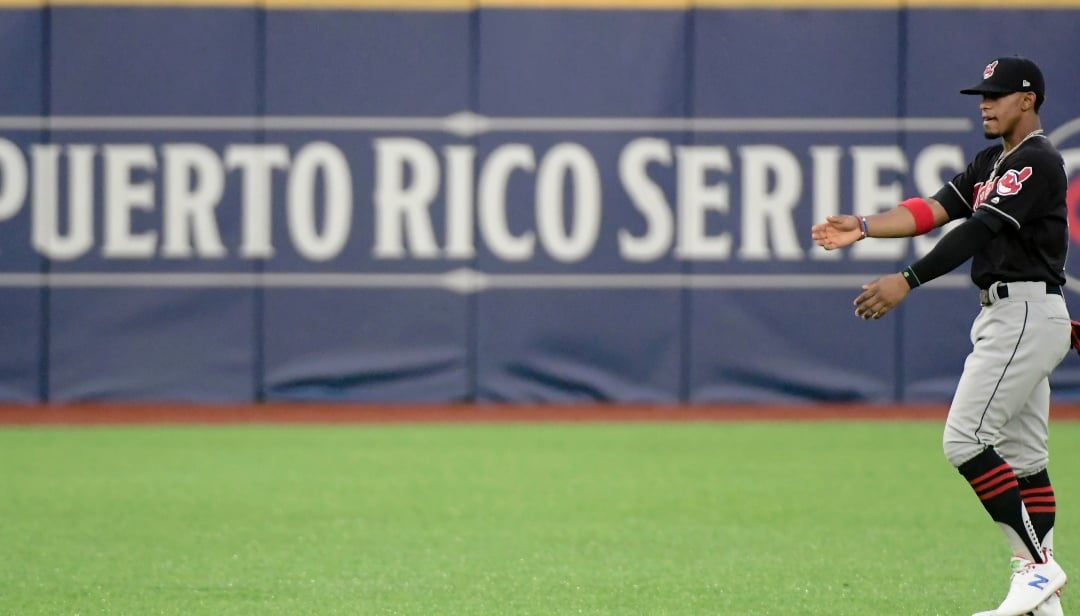 Cleveland Indians' Francisco Lindor enters the field moments before the first inning against The Minnesota Twins during the first MLB Series game held at Hiram Bithorn Stadium in San Juan, Puerto Rico, Monday, April 17, 2018. (AP Photo/Carlos Giusti)