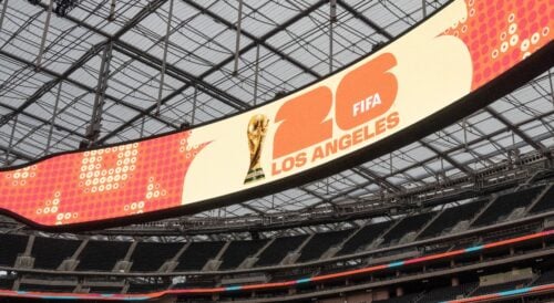 The FIFA World Cup 2026 Los Angeles logo is displayed during a media event for the upcoming FIFA World Cup at SoFi Stadium in Inglewood, Calif., Tuesday, May 12, 2026. (AP Photo/Jae C. Hong)