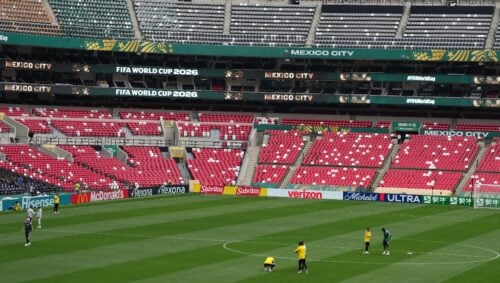 Playes of South Africa visit the stadium in Mexico City, Wednesday, June 10, 2026, a day before their opening FIFA World Cup match against Mexico. (AP Photo/Eduardo Verdugo)