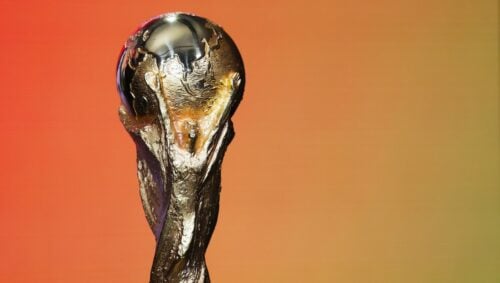 A FIFA World Cup trophy is displayed on stage for a panel on the 2026 FIFA World Cup soccer tournament halftime show at the Global Citizen NOW summit, Thursday, May 14, 2026, in New York. (AP Photo/Heather Khalifa)